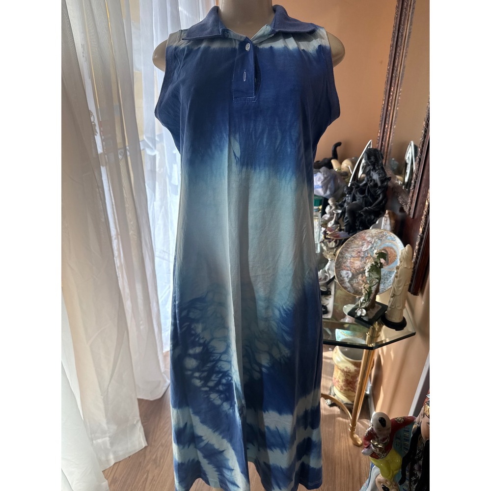Durian Republic Blue White Tie Dye Sleeveless‎ Polo Midi Dress Plus Size 2X